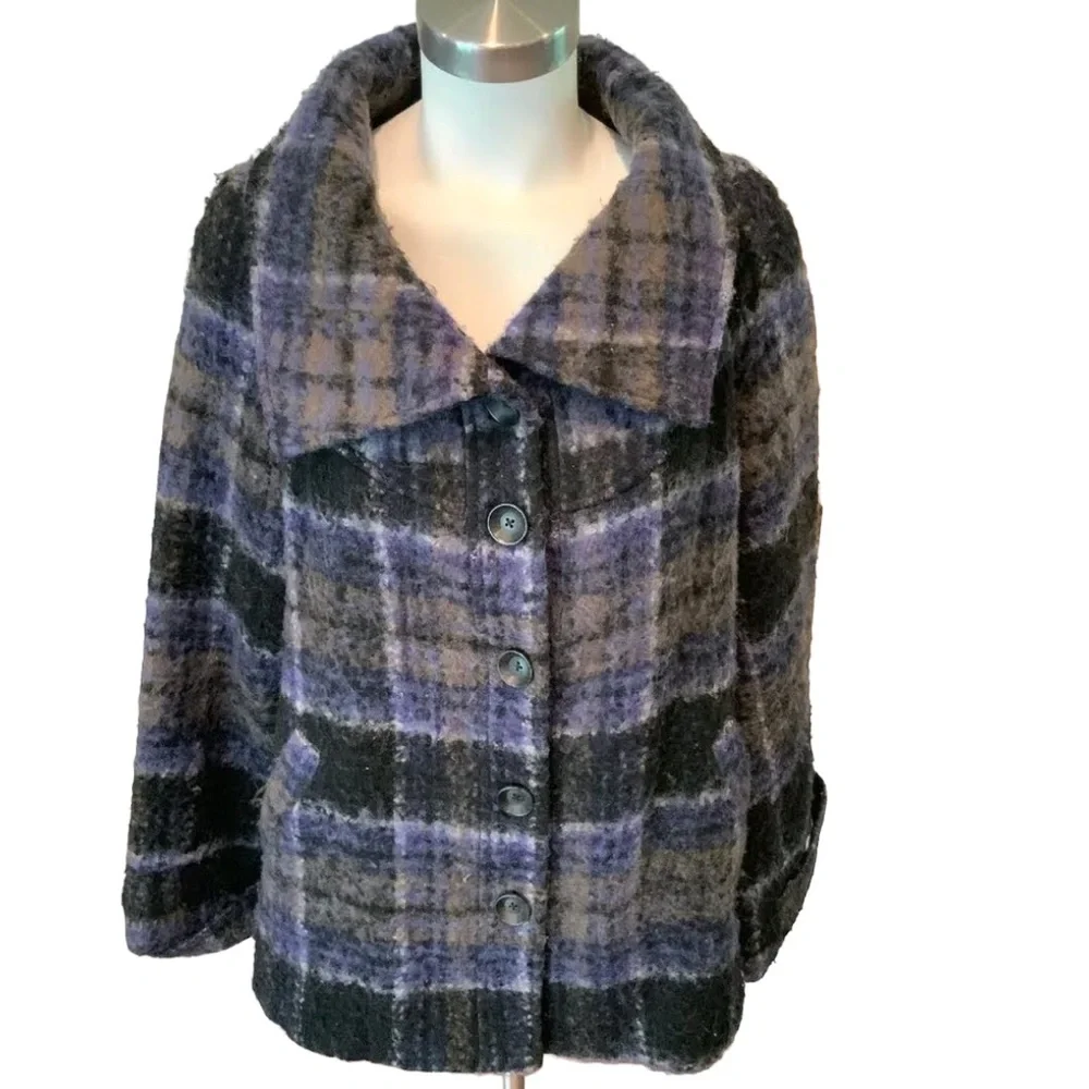 FREE PEOPLE Brushed Wool Fuzzy  Plaid Coat Blue Purple Medium